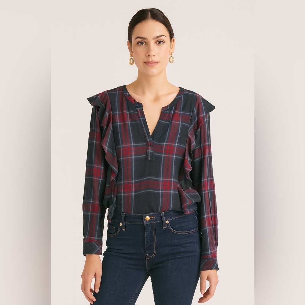 Vince Camuto S Plaid Ruffle V-neck Top